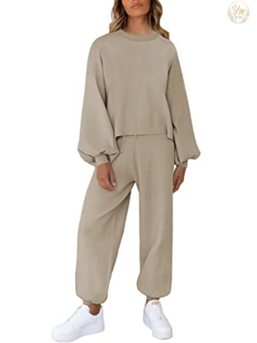 2 Piece Lounge Set Knit Sweatsuit Puff Sleeve Crop Top High Waist Jogger Pants